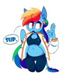 Size: 934x1082 | Tagged: safe, artist:mihar34, rainbow dash, pegasus, anthro, g4, belly button, clothes, ear piercing, female, jacket, leonine tail, midriff, open mouth, panties, pants, piercing, simple background, solo, sports bra, tail, text, thong, underwear, white background