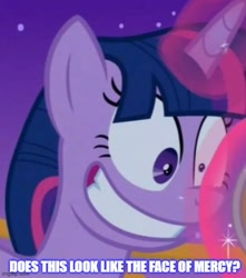 Size: 500x566 | Tagged: safe, edit, edited screencap, screencap, twilight sparkle, alicorn, pony, between dark and dawn, g4, caption, crazy face, creepy, creepy smile, evil grin, face of mercy, faic, female, grin, grinding, image macro, imgflip, insanity, mare, meme, smiling, solo, text, twilight snapple, twilight sparkle (alicorn)