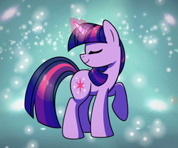 Size: 1200x1000 | Tagged: safe, artist:vale-bandicoot96, twilight sparkle, pony, unicorn, g4, ascension realm, backwards cutie mark, eyes closed, female, glowing, glowing horn, horn, magic, magic aura, mare, multicolored mane, multicolored tail, princess celestia's special princess making dimension, profile, raised hoof, smiling, solo, standing, stars, tail, the cosmos, unicorn twilight