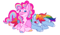 Size: 1280x760 | Tagged: safe, artist:rosenapppiing, pinkie pie, rainbow dash, earth pony, pegasus, pony, g4, blushing, duo, female, lesbian, lying down, ship:pinkiedash, shipping, simple background, unshorn fetlocks, white background