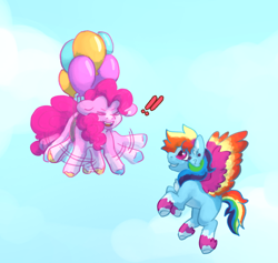 Size: 1280x1211 | Tagged: safe, artist:rosenapppiing, pinkie pie, rainbow dash, earth pony, pegasus, pony, g4, balloon, duo, exclamation point, eyes closed, female, flailing, floating, flying, lesbian, open mouth, open smile, ship:pinkiedash, shipping, smiling, spread wings, then watch her balloons lift her up to the sky, wings