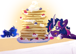 Size: 1854x1323 | Tagged: safe, artist:rosenapppiing, princess luna, twilight sparkle, alicorn, pony, unicorn, g4, drool, duo, food, frown, open mouth, pancakes, redesign, simple background, transparent background, unicorn twilight