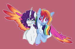 Size: 1611x1050 | Tagged: safe, artist:rosenapppiing, rainbow dash, rarity, pegasus, pony, unicorn, g4, duo, female, lesbian, mouth hold, one eye closed, pride, pride flag, queer, queer pride flag, ship:raridash, shipping, smiling, spread wings, transgender pride flag, wings, wink