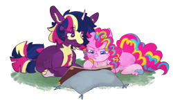 Size: 1280x765 | Tagged: safe, artist:rosenapppiing, pinkie pie, twilight sparkle, earth pony, pony, unicorn, g4, book, duo, lying down, redesign, simple background, transparent background