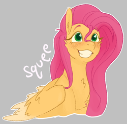 Size: 1164x1130 | Tagged: safe, artist:rosenapppiing, fluttershy, pegasus, pony, g4, blushing, bust, chest fluff, cute, female, mare, shyabetes, simple background, smiling, solo, squee, text