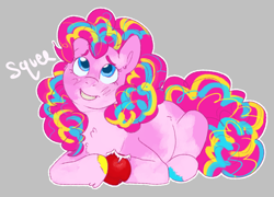 Size: 1280x923 | Tagged: safe, artist:rosenapppiing, pinkie pie, earth pony, pony, g4, bust, chest fluff, lying down, redesign, smiling, solo, squee
