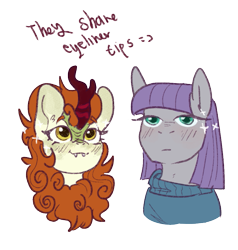 Size: 863x906 | Tagged: safe, artist:rosenapppiing, autumn blaze, maud pie, earth pony, kirin, pony, g4, blushing, bust, clothes, cute, cute little fangs, duo, fangs, open mouth, simple background, smiling, sweater, text, transparent background