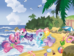 Size: 1024x768 | Tagged: safe, artist:daniel jorge conci, egmont, cheerilee (g3), rainbow dash (g3), sweetie belle (g3), bird, earth pony, pony, seagull, starfish, unicorn, g3, g3.5, official, 2010s, 2d, ball, beach, beach ball, clothes, conch, cute face, digital, illustration, looking at you, magazine, pail, palm tree, panini, playing, running, seashell, shell, shovel, swimsuit, thinking, tree, water, wave