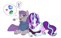 Size: 1280x799 | Tagged: safe, artist:rosenapppiing, maud pie, starlight glimmer, earth pony, pony, unicorn, g4, :p, book, clothes, duo, lying down, magic, open mouth, simple background, smiling, sweater, telekinesis, tongue out, transparent background, unshorn fetlocks