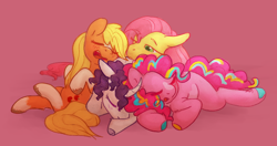 Size: 1146x606 | Tagged: safe, artist:rosenapppiing, applejack, fluttershy, pinkie pie, rarity, earth pony, pegasus, pony, unicorn, g4, cuddle puddle, cuddling, cute, diapinkes, eyes closed, jackabetes, lying down, open mouth, pink background, pony pile, raribetes, shyabetes, simple background, sleeping, snoring, sweet dreams fuel