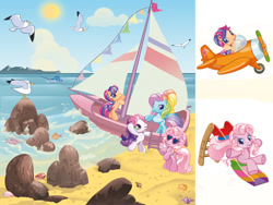 Size: 1024x768 | Tagged: safe, artist:daniel jorge conci, egmont, pinkie pie (g3), rainbow dash (g3), scootaloo (g3), sweetie belle (g3), bird, earth pony, fish, pony, seagull, unicorn, g3, g3.5, official, 2010s, 2d, beach, boat, cute, cute face, cutealoo, digital, flying, illustration, looking at you, magazine, panini, plane, playing, sand, slide, sliding, sunglasses, water
