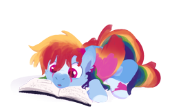 Size: 680x440 | Tagged: safe, artist:rosenapppiing, rainbow dash, pegasus, pony, g4, book, lying down, simple background, solo, transparent background
