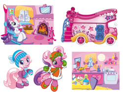 Size: 1024x768 | Tagged: safe, artist:daniel jorge conci, egmont, cheerilee (g3), pinkie pie (g3), sweetie belle (g3), earth pony, pony, unicorn, g3, g3.5, official, 2010s, 2d, banana, bus, chocolate, clothes, cooking, costume, dressed, fireplace, food, hat, hot chocolate, house, illustration, kitchen, looking at you, magazine, panini, pie, room, scarf, shoes, sitting, standing, stars, starsong's stageshow bus, strawberry, vehicle, winter