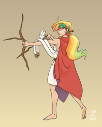 Size: 1634x2033 | Tagged: safe, artist:fishtaildraws, rainbow dash, human, g4, alternate hairstyle, ancient greece, artemis (god), barefoot, bow, clothes, cosplay, costume, feet, female, greek, greek clothes, greek mythology, humanized, solo, tunic, weapon