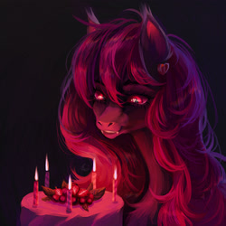 Size: 3000x3000 | Tagged: safe, artist:unt3n, oc, oc only, bat pony, pony, bat pony oc, birthday, birthday cake, cake, candle, fangs, food, high res, solo
