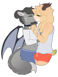 Size: 1600x2100 | Tagged: safe, artist:liefsong, oc, oc only, oc:crescent, oc:goat, bat pony, goat, sphinx, anthro, bat wings, collar, furry, furry oc, kissing, simple background, species swap, sphinxified, transparent background, wings