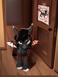 Size: 2378x3142 | Tagged: safe, artist:annna markarova, oc, oc only, bat pony, pony, angry, door, high res, looking at you, solo, text, wings