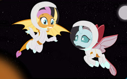 Size: 5692x3543 | Tagged: safe, artist:akira-deathman666, ocellus, smolder, changedling, changeling, dragon, g4, astronaut, dragoness, duo, female, moon, smiling, space, spacesuit, spread wings, stars, sun, wings