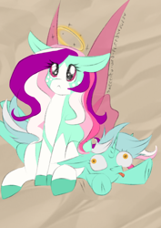 Size: 1240x1754 | Tagged: safe, artist:sweetpea-and-friends, lyra heartstrings, oc, oc:sweet pea, fairy, flutter pony, pony, unicorn, g4, canon x oc, cute, duo, fairy wings, innocent, puppy dog eyes, silly, wings