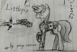 Size: 3070x2083 | Tagged: safe, artist:migesanwu, oc, oc only, oc:littlepip, pony, unicorn, fallout equestria, armor, bag, female, gun, handgun, lined paper, little macintosh, looking at something, looking sideways, magic, monochrome, name, pipbuck, pistol, raised hoof, revolver, saddle bag, shadow, shooting, side view, sketch, solo, standing, traditional art, weapon