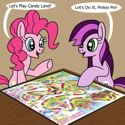 Size: 1920x1920 | Tagged: safe, artist:platinumdrop, lilith, pinkie pie, g4, g4.5, my little pony: pony life, board game, candy land, commission, dialogue, female, g4.5 to g4, generation leap, mare, open mouth, open smile, raised hoof, smiling, speech bubble, talking