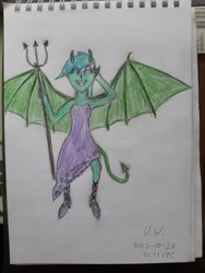 Size: 4032x3024 | Tagged: safe, artist:pink amena, lyra heartstrings, demon, equestria girls, g4, colored pencil drawing, demon horns, demon wings, devil tail, horns, pitchfork, smiling, solo, tail, traditional art, wings