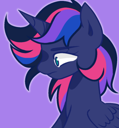 Size: 402x432 | Tagged: safe, oc, oc only, oc:nebula night, alicorn, pony, unicorn, alicorn oc, alternate universe, closed mouth, cute, female, frown, horn, magical lesbian spawn, mare, next generation, offspring, parent:princess luna, parent:twilight sparkle, parents:twiluna, princess, purple background, royalty, side profile, simple background, solo, wings
