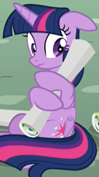 Size: 541x962 | Tagged: safe, screencap, twilight sparkle, alicorn, pony, g4, season 8, the washouts (episode), awkward, caught, cropped, cute, embarrassed, female, floppy ears, frown, looking away, mare, ponyville, poster, sitting, twiabetes, twilight sparkle (alicorn), wide eyes, wings