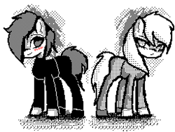 Size: 1536x1152 | Tagged: safe, artist:menalia, oc, oc only, unnamed oc, earth pony, pony, aseprite, clothes, dithering, female, flipnote studio, long sleeves, looking at each other, looking at someone, mare, pants, pixel art, shirt, shoes, style emulation, t-shirt