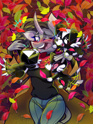 Size: 1536x2048 | Tagged: safe, artist:jully-park, oleander (tfh), classical unicorn, dog, unicorn, anthro, them's fightin' herds, autumn, cloven hooves, community related, horn, laughing, leaves, leonine tail, puppy, smiling, unshorn fetlocks