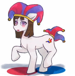 Size: 1582x1600 | Tagged: safe, artist:dastrak, earth pony, pony, female, hat, jester, jester hat, mare, pomni, ponified, ponmi, raised hoof, simple background, solo, the amazing digital circus, white background