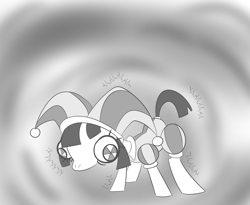 Size: 1430x1173 | Tagged: safe, artist:partlysmith, doll pony, earth pony, object pony, original species, pony, animate object, doll, emanata, eye bulging, female, grayscale, hat, jester, jester hat, jester outfit, living doll, mare, monochrome, no more ponies at source, pomni, ponified, ponmi, solo, the amazing digital circus, toy