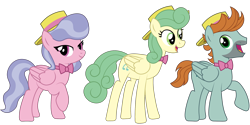 Size: 2400x1200 | Tagged: safe, artist:prixy05, oc, unnamed oc, pegasus, pony, g4, beard, bowtie, facial hair, female, hat, lanky, male, mare, open mouth, open smile, physique difference, simple background, skinny, smiling, stallion, straw hat, tall, thin, transparent background, trio