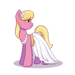Size: 2048x2048 | Tagged: safe, artist:cottonaime, lily, lily valley, earth pony, pony, g4, clothes, commission, high res, looking back, robe, simple background, smiling, solo, white background
