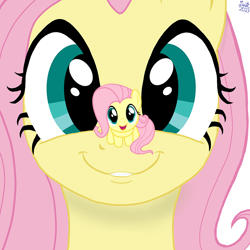 Size: 900x900 | Tagged: safe, artist:badumsquish-edits, artist:twiny dust, edit, fluttershy, g4, cute, female, looking at you, mare, simple background, smiling, white background