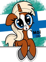 Size: 1200x1600 | Tagged: safe, artist:scandianon, oc, oc only, oc:finnmare, pony, unicorn, g4, breaking the fourth wall, cute, female, finland, flag, hooves, looking at you, mare, nation ponies, ponified, solo, talking to viewer