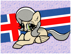 Size: 1300x1000 | Tagged: safe, artist:scandianon, oc, oc only, oc:iceland horse, pegasus, pony, g4, bedroom eyes, coat markings, dock, facial markings, female, flag, hooves, iceland, looking at you, lying down, mare, nation ponies, passepartout, ponified, prone, smiling, smirk, solo, tail, wings