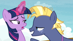 Size: 1920x1080 | Tagged: safe, screencap, star tracker, twilight sparkle, alicorn, earth pony, pony, g4, once upon a zeppelin, bedroom eyes, cloud, magic, smiling, twilight sparkle (alicorn)