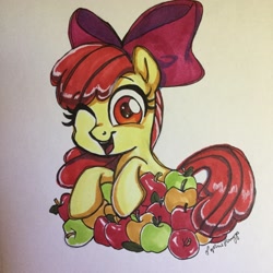 Size: 2048x2048 | Tagged: safe, artist:sophie scruggs, apple bloom, earth pony, pony, g4, apple, female, filly, foal, food, high res, looking at you, one eye closed, open mouth, solo, traditional art, wink