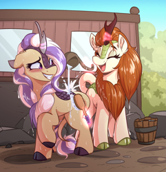 Size: 2287x2369 | Tagged: safe, artist:witchtaunter, autumn blaze, oc, oc:lotus cinder, kirin, fanfic:words of power, g4, blushing, brush, cloven hooves, duo, duo female, fanfic, fanfic art, female, high res, kirin oc, ladle, levitation, magic, mare, story in the source, telekinesis