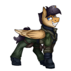 Size: 2300x2300 | Tagged: safe, artist:molars, oc, oc only, oc:lockheed venture, pegasus, pony, armor, boots, concave belly, dark mane, folded wings, full body, high res, looking at you, outfit, shoes, simple background, smiling, smug, solo, transparent background, wings