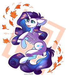 Size: 1576x1860 | Tagged: safe, alternate character, alternate version, artist:yuris, rarity, pony, unicorn, g4, autumn, female, leaves, open mouth, simple background, smiling, solo, white background