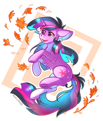 Size: 1576x1860 | Tagged: safe, alternate character, alternate version, artist:yuris, twilight sparkle, pony, unicorn, g4, autumn, female, leaves, open mouth, simple background, smiling, solo, white background