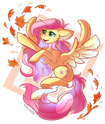 Size: 1576x1860 | Tagged: safe, alternate character, alternate version, artist:yuris, fluttershy, pegasus, pony, g4, autumn, cute, female, leaves, open mouth, shyabetes, simple background, smiling, solo, white background