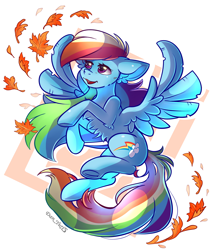 Size: 1576x1860 | Tagged: safe, alternate character, alternate version, artist:yuris, rainbow dash, pegasus, pony, g4, autumn, female, leaves, open mouth, simple background, smiling, solo, white background