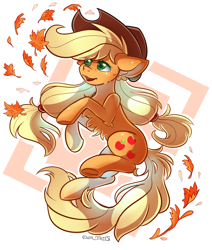 Size: 1576x1860 | Tagged: safe, alternate character, alternate version, artist:yuris, applejack, earth pony, pony, g4, autumn, female, leaves, open mouth, simple background, smiling, solo, white background