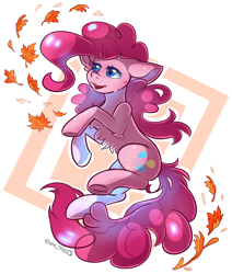 Size: 1576x1860 | Tagged: safe, alternate character, alternate version, artist:yuris, pinkie pie, earth pony, pony, g4, autumn, female, leaves, open mouth, simple background, smiling, solo, white background