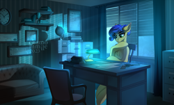 Size: 4785x2881 | Tagged: safe, artist:chamommile, oc, oc only, earth pony, pony, blue hair, chair, chest fluff, clock, commission, couch, desk, desk lamp, ear fluff, earth pony oc, evening, file cabinet, globe, green eyes, gun, handgun, looking at something, looking down, office, phone, revolver, sitting, solo, table, weapon, window, yellow skin