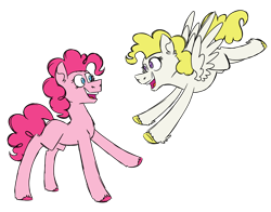 Size: 1400x1100 | Tagged: safe, artist:fuckomcfuck, derpibooru exclusive, pinkie pie, surprise, earth pony, pegasus, pony, mlp fim's thirteenth anniversary, g1, g4, adoraprise, adult, adult blank flank, blank flank, cute, diapinkes, duo, female, g1 to g4, generation leap, generational ponidox, looking at each other, looking at someone, mare, missing cutie mark, open mouth, open smile, simple background, smiling, transparent background, unshorn fetlocks