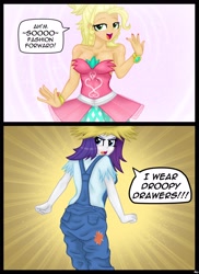 Size: 2975x4092 | Tagged: safe, artist:lennondash, applejack, rarity, human, equestria girls, g4, simple ways, applejewel, ass, boob freckles, bracelet, breasts, busty applejack, butt, chest freckles, cleavage, clothes, dress, duo, equestria girls interpretation, eyeshadow, female, freckles, hat, high res, jewelry, makeup, nail polish, open mouth, overalls, rarihick, rearity, scene interpretation, shirt, shoulder freckles, straw hat